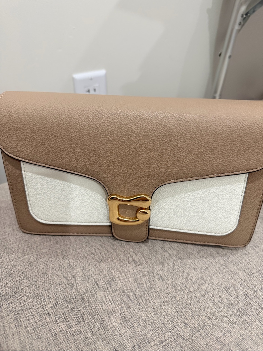 Taupe and White Leather Crossbody with Gold Buckle Accent